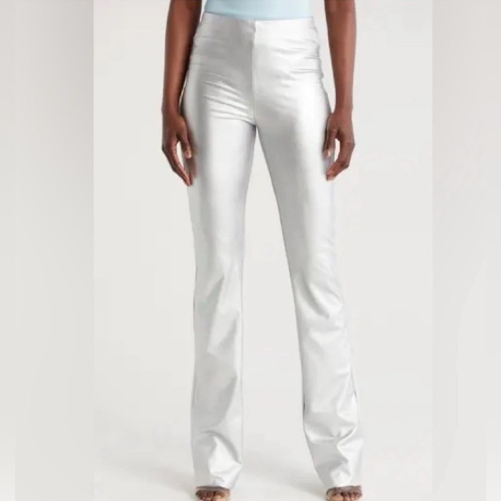 Naked Wardrobe Leather Look Faux Metallic Silver Flare Leg Boot Cut Pants